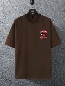 Lỏng lẻo phù hợp Nam Mắt & Slogan In Áo thun - Cà phê nâu - Xem 3