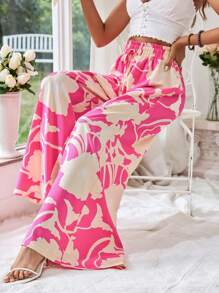 SHEIN VCAY Women's Holiday Plant Print High Waist Palazzo Pants - Hot Pink - View 3