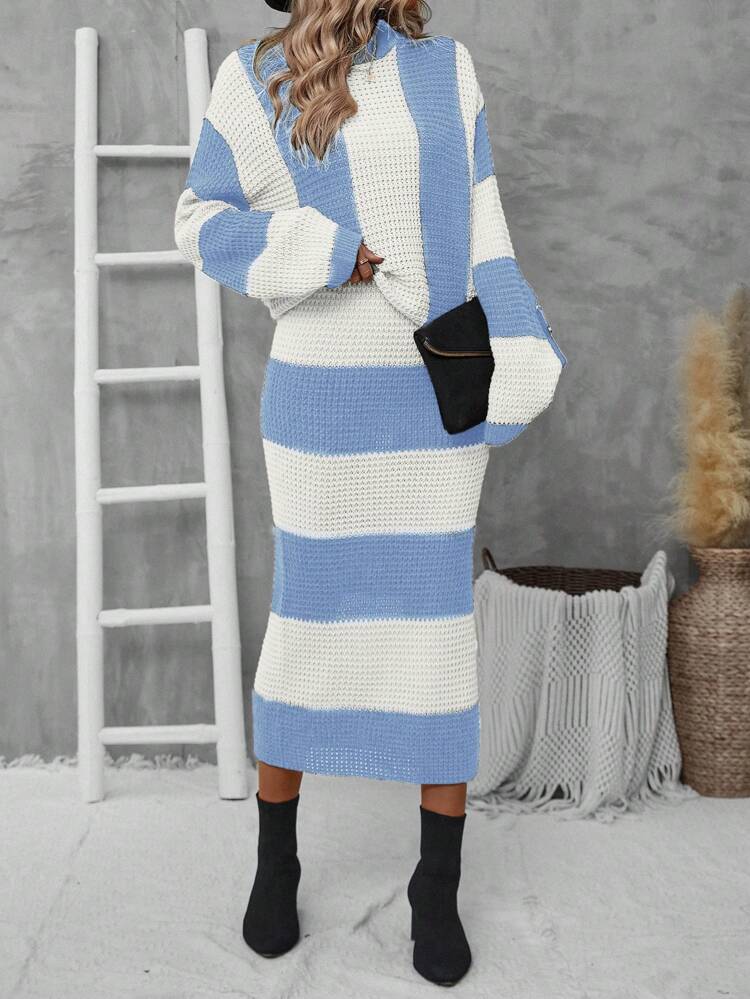 Color Block Long Sleeve Sweater And Knit Skirt Set