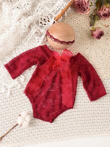 Newborn Baby Girls' Lace Romper With Headband Photography Set - Red - View 4