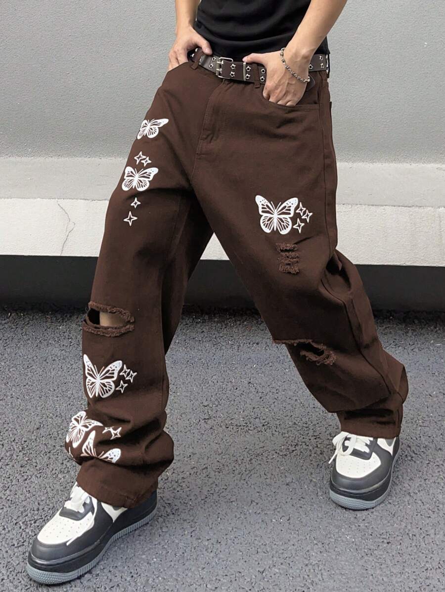 Manfinity EMRG Men's Butterfly Print Ripped Jeans - Coffee Brown - View 1