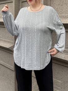 SHEIN Essnce Plus Size Women'S Ribbed Curve Hem T-Shirt - Grey - View 1