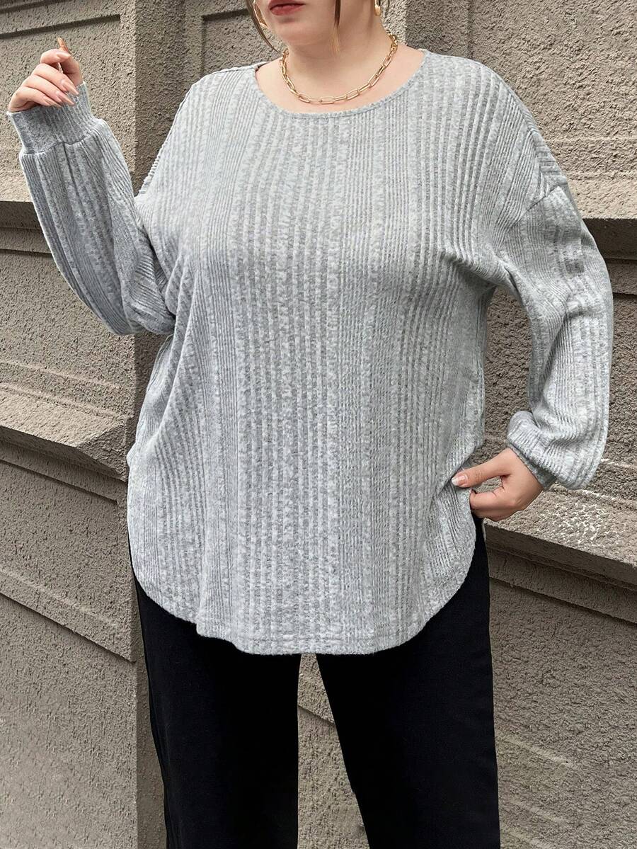SHEIN Essnce Plus Size Women'S Ribbed Curve Hem T-Shirt - Grey - View 1