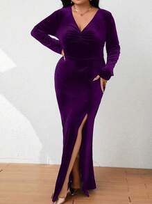 SHEIN Belle Plus Size Women's Deep V-Neck Ruched Front Slit Dress - Purple - View 4