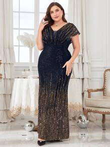 UNITHORSE [随机剪裁] 加大码蝙蝠袖亮片美人鱼礼服黑色优雅正式晚会舞会婚礼宾客礼服，适合毕业典礼、晚宴派对礼服、新娘礼服、生日女士服装 - 藏蓝色 - 查看 7