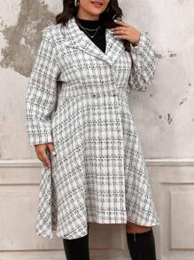 SHEIN LUNE 大尺碼女裝格紋雙扣羊毛大衣 - 米色 - 查看 3