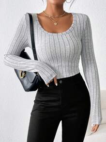 SHEIN Essnce Women's Solid Color Ribbed Knit T-Shirt