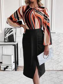 SHEIN Clasi Printed Lantern Sleeve Shirt And Skirt Set