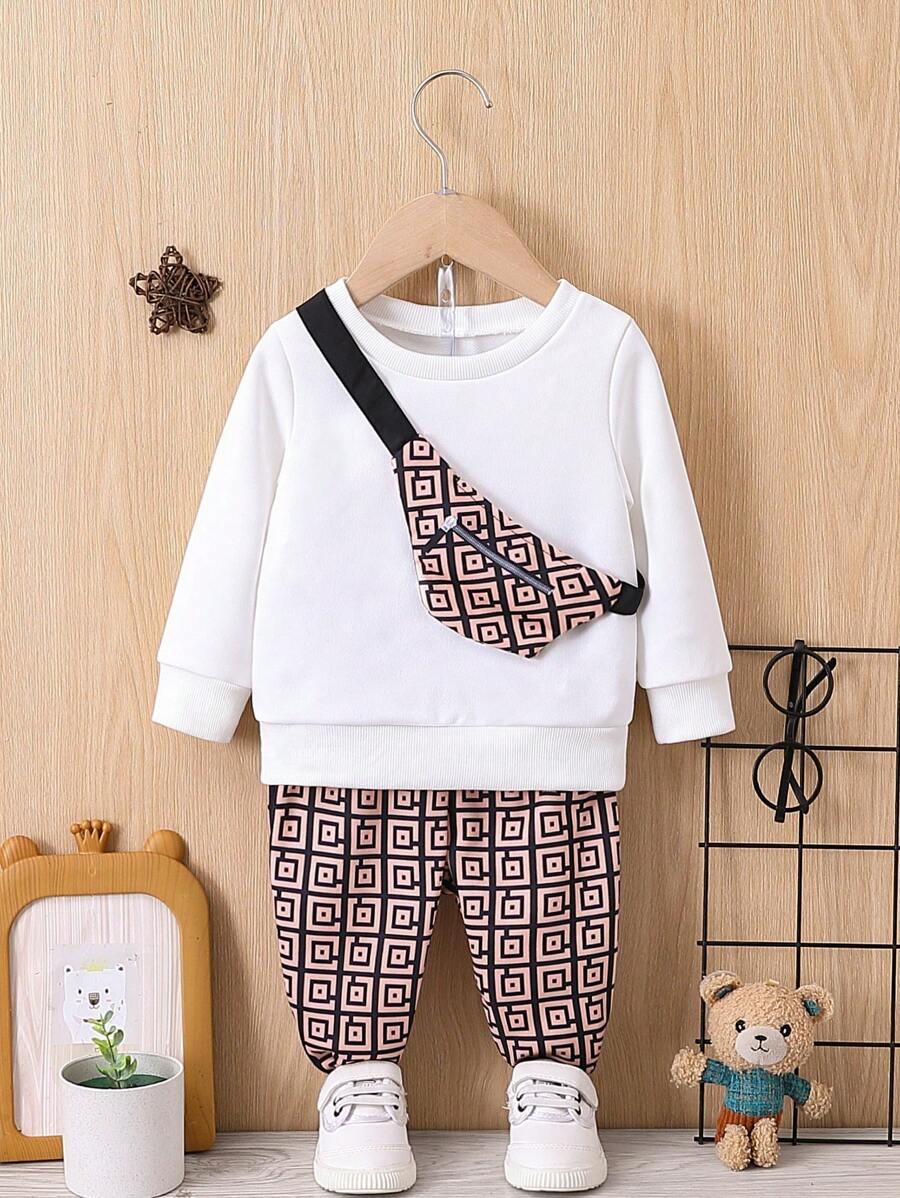 Baby Boys' Round Neck Long Sleeve Sweatshirt And Geometric Printed Pants With Bag Set - Brown - View 1