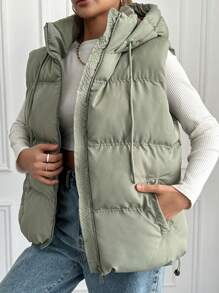 EURMUSE Women's Sleeveless Solid Color Hooded Padded Jacket - Green - View 3
