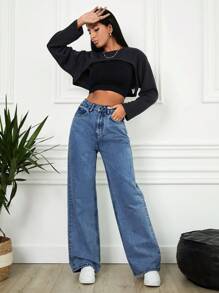 EURMUSE Quần Jeans Ống Rộng Cạp Cao - Màu xanh lam - Xem 2