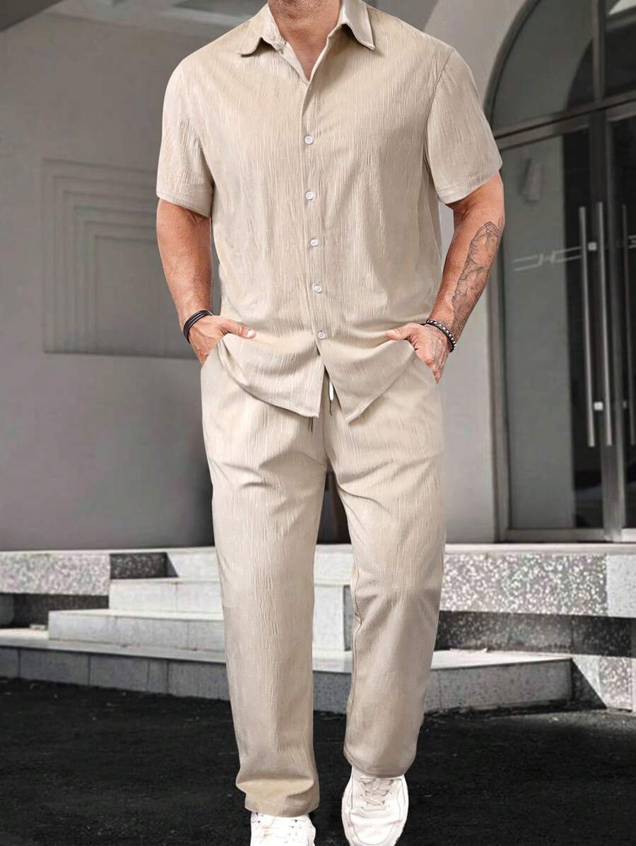 Manfinity Homme Men'S Solid Color Casual 2pcs/Set Outfit - Khaki - View 1