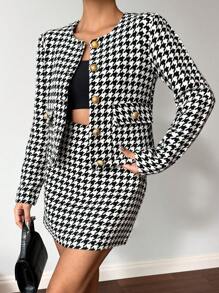 RueChic Damen Hahnentrittmuster Langarm Jacke Und Rock Set - Schwarz und Weiss - Übersicht 3