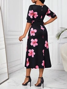 SHEIN Lady Floral Printed Puff Short Sleeve Dress - Multicolor - View 2