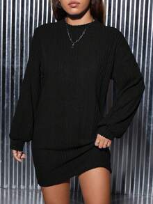 SHEIN PETITE 女式落肩長袖肋紋修身連衣裙 - 黑色 - 查看 5