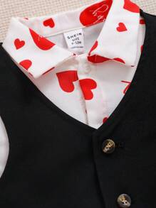 SHEIN Baby Boys' Gentleman Outfits, Heart Pattern Casual Shirt, Solid Color Vest, Shorts, 3pcs/set - Red - View 11