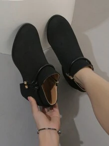 女性時尚短靴,冬季靴款,粗/中跟,純色,毛絨內裡 - 黑色 - 查看 3