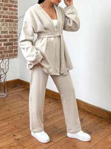 SHEIN Cottnline Cotton Loose Fit Plus Size Belted Top And Pants Set With Drop Shoulder - Dusty Pink - View 3