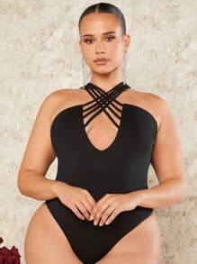 SHEIN BAE 大尺碼女士重疊式頸後連體衣