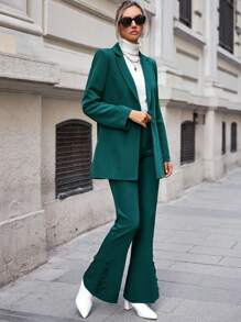 EURMUSE Women's Solid Color Suit Jacket & Flared Pants - Green - View 3