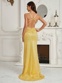 SHEIN Belle Backless, V-neck, Beaded Evening Gown For Women (heavy Work Style) - Yellow - View 5