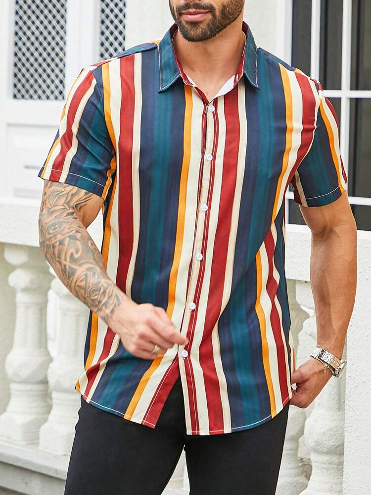 Men'S Plus Size Striped Short Sleeve Shirt