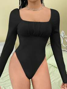 SHEIN EZwear Women's Long Sleeve Square Neck Bodysuit - Black - View 1