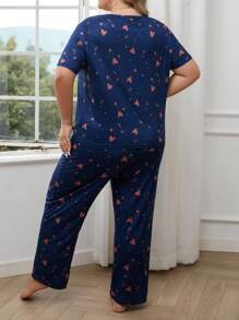 Plus Size Women's Heart Printed Short Sleeve Pajama Set - Royal Blue - View 2
