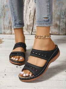 Women's Hollow Out Design Diamond Pattern Fashionable, Casual, Comfortable, Travel, Beach Wedge Heel, Thick Sole Sandals