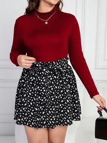 SHEIN Frenchy Conjunto De Falda Estampada Y Camiseta De Manga Larga Con Cuello Alto Para Mujer De Talla Grande - Burdeos - Ver 3