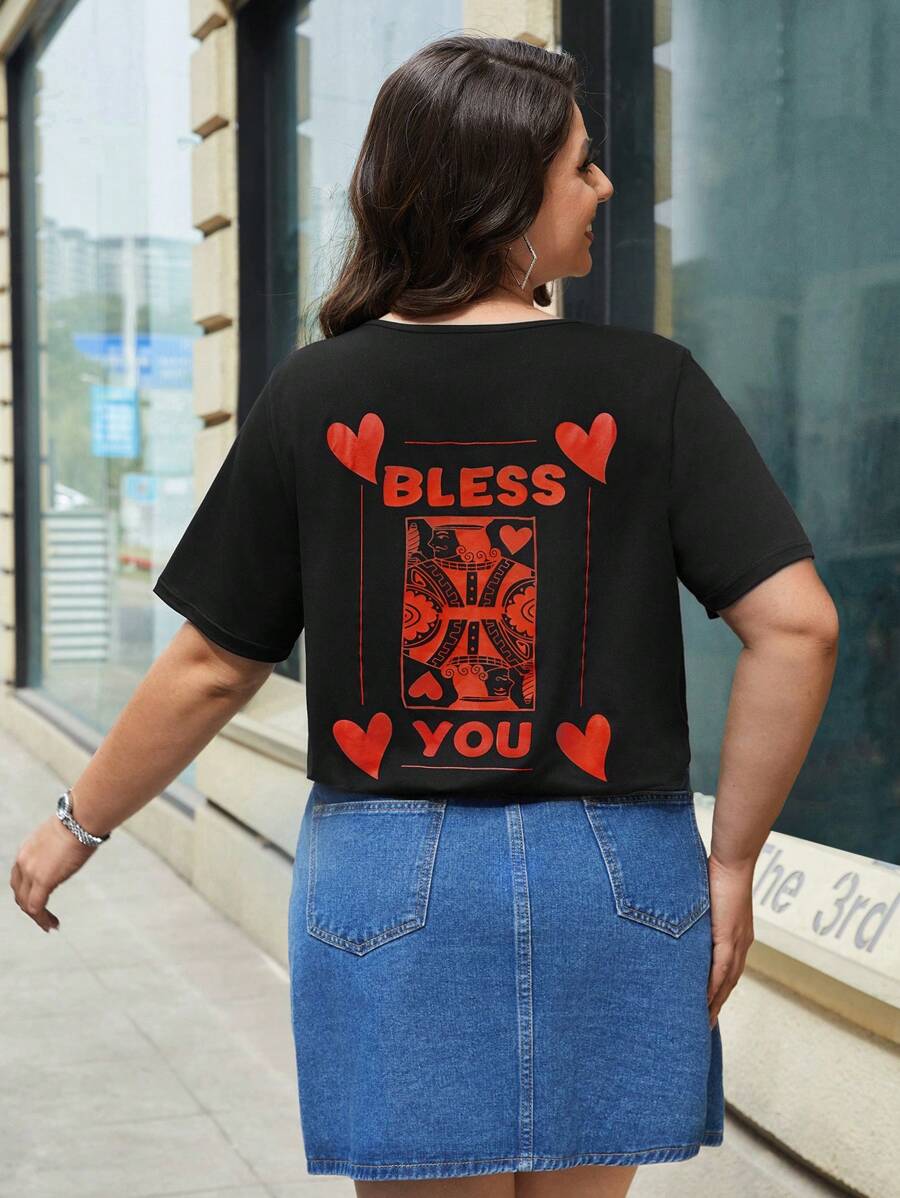 SHEIN LUNE Plus Size Women's Short Sleeve T-Shirt With Heart Printed On Back - Black - View 1