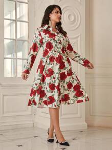 SHEIN Clasi Plus Size Floral Printed Long Sleeve Shirt Dress - Red and White - View 3