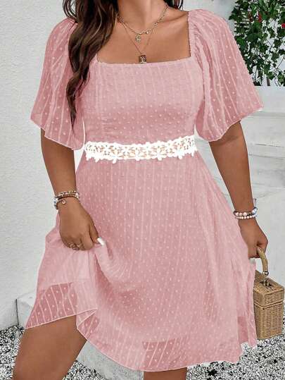 Franclia Plus Size Swiss Dot & Lace Splicing Dress
