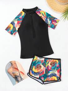 SHEIN Swim Rashguard ngắn tay đi biển mùa hè dành cho nữ - màu đen - Xem 3