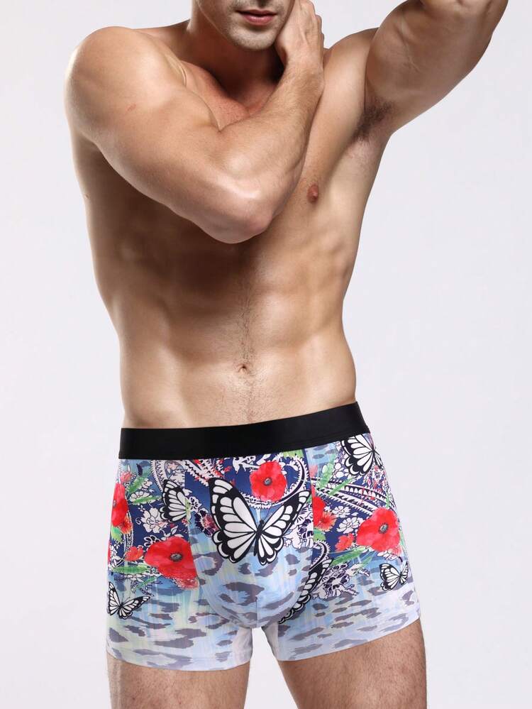 Men's Color Block Butterfly And Flower Printed Boxer Briefs With Elastic Waistband