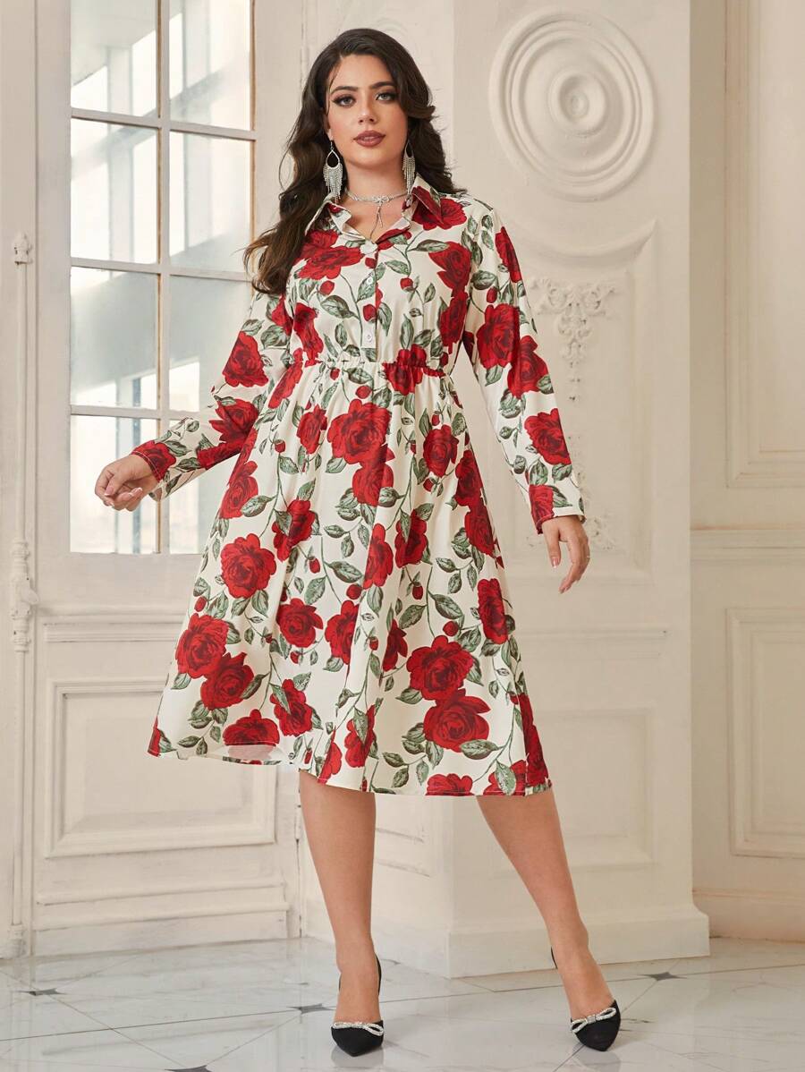 SHEIN Clasi Plus Size Floral Printed Long Sleeve Shirt Dress - Red and White - View 1