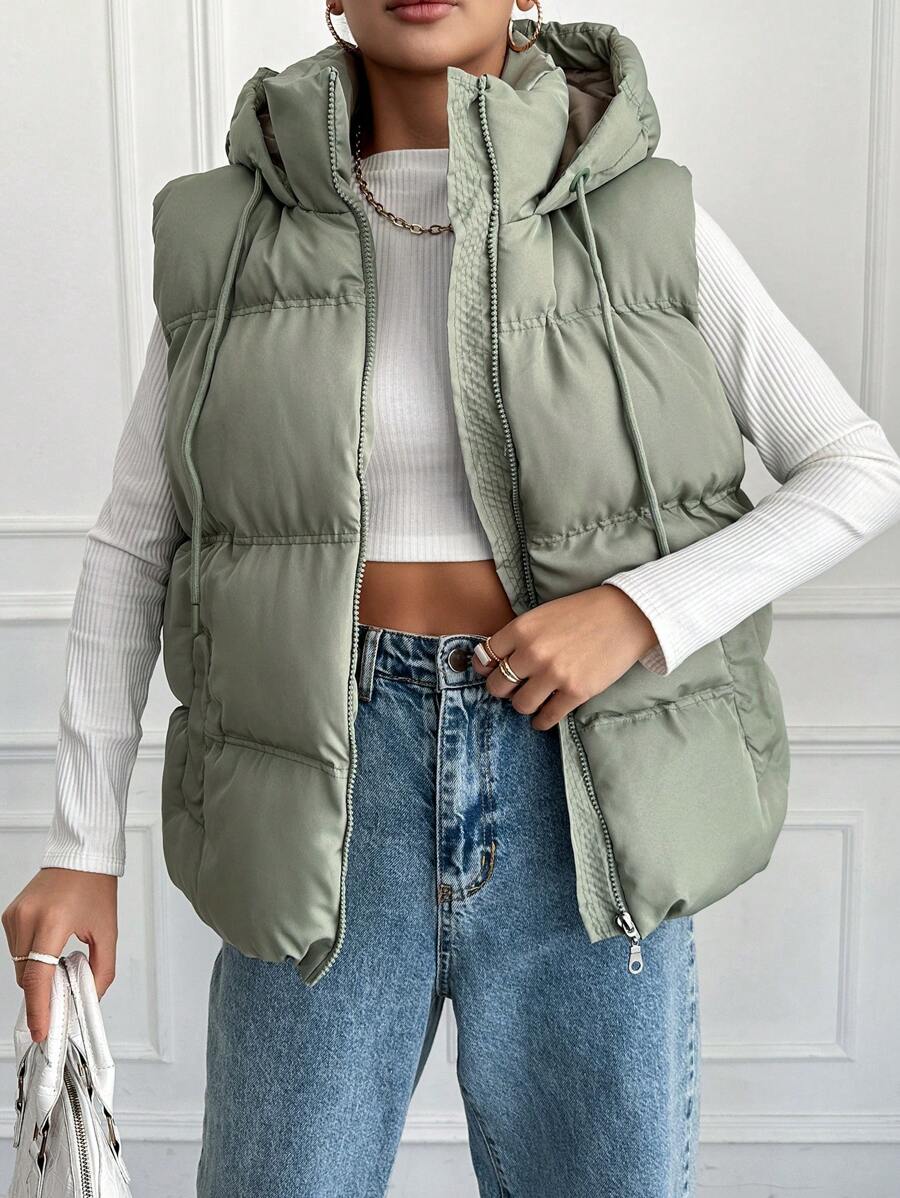 EURMUSE Women's Sleeveless Solid Color Hooded Padded Jacket - Green - View 1