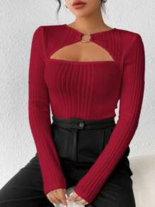 Firerie 女款純色羅紋針織鏤空t卹 - 酒紅色 - 查看 3