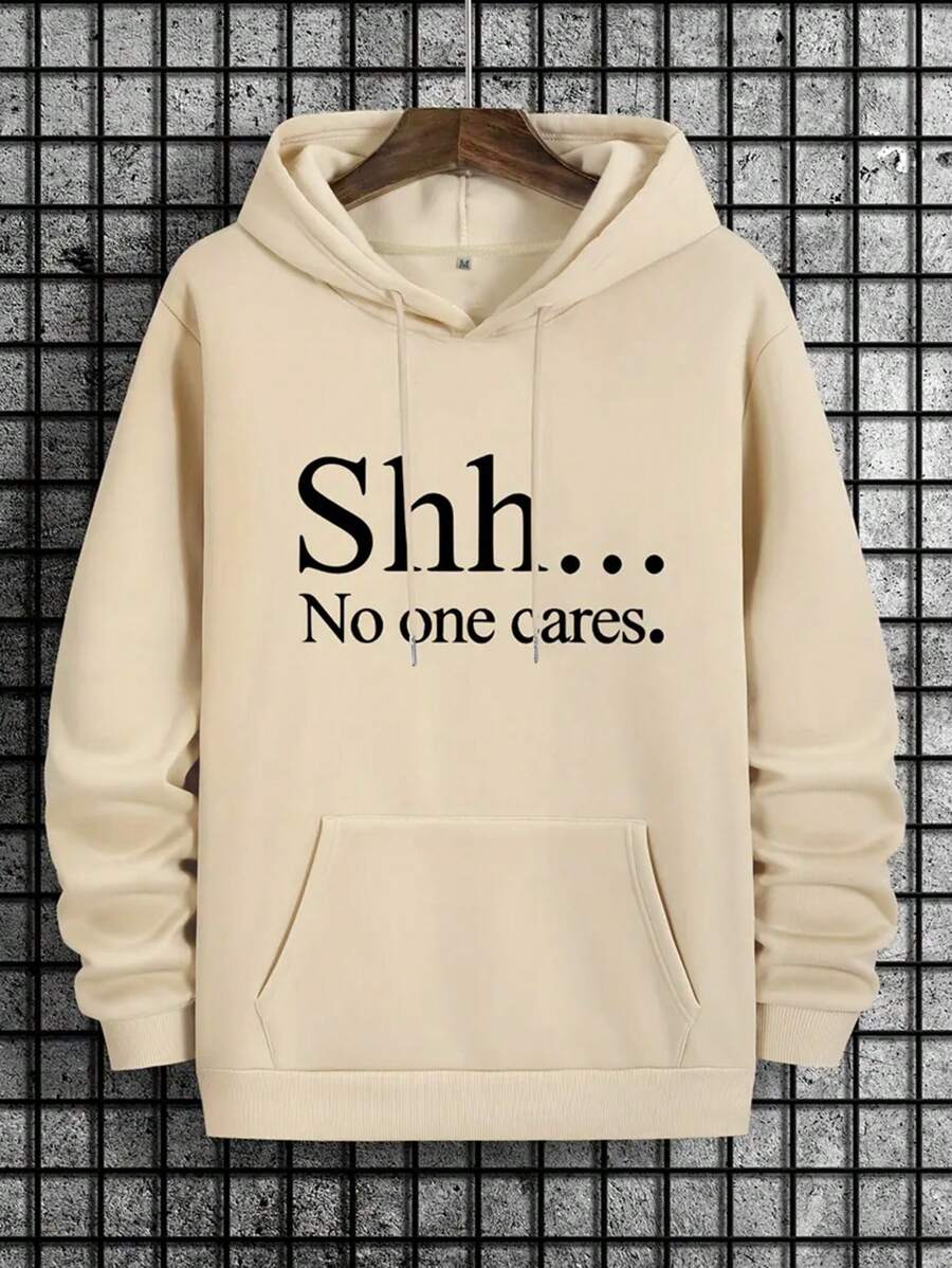 Men'S Slogan Printed Warm Lined Hoodie With Kangaroo Pocket - Khaki - View 1