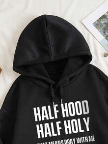 SHEIN EZwear Slogan Graphic Kangaroo Pocket Drawstring Thermal Hoodie - Black - View 4