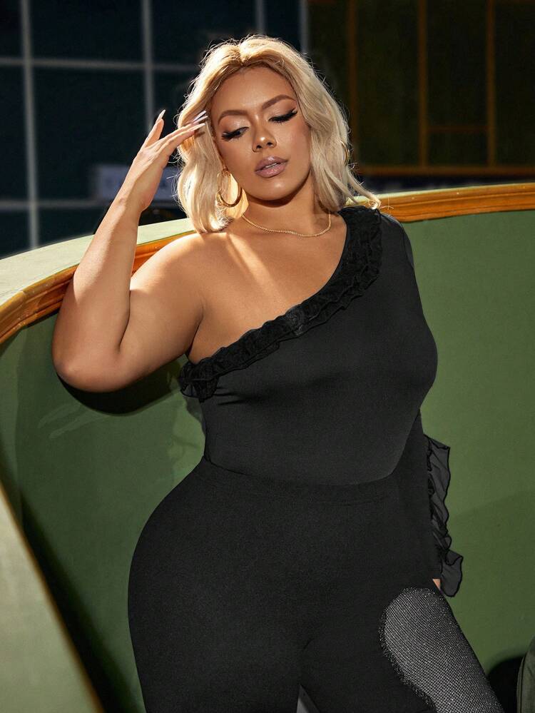Plus Size Off The Shoulder Mesh Splicing Asymmetric Collar Bodysuit