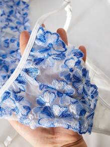 女士性感花卉刺繡內衣套裝 - 藍色 - 查看 5