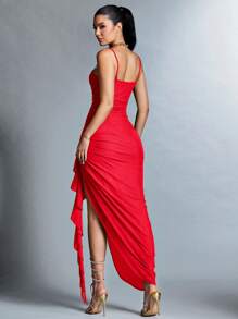 SHEIN BAE Ruffle Detail Spaghetti Strap Dress - Red - View 2