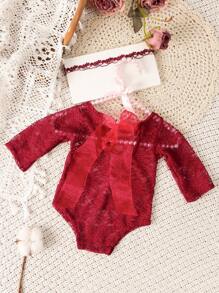 Newborn Baby Girls' Lace Romper With Headband Photography Set - Red - View 3