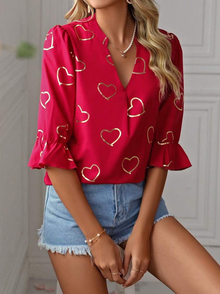 Women's Heart Print Notch Neck Short Sleeve Blouse