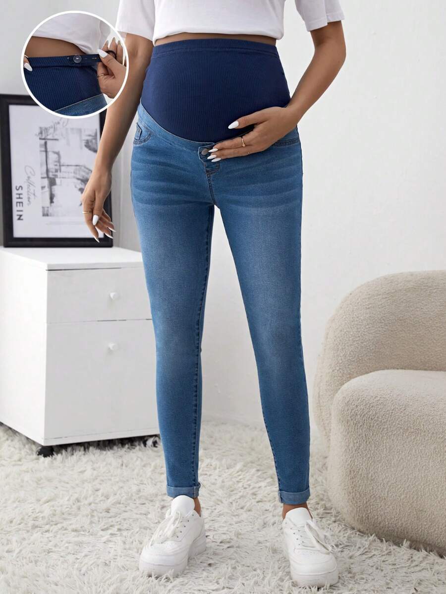 SHEIN 孕婦休閒修身牛仔褲 - 淺色水洗藍 - 查看 1