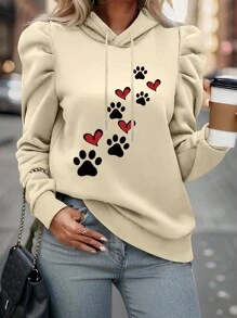 SHEIN LUNE Women's Pullover Hoodie With Claw Print And Heart Pattern - Beige - View 1