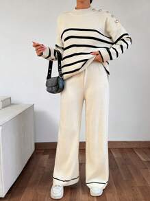 RueChic Women's Colorblock Striped Casual Two Piece Set - Black and White - View 4