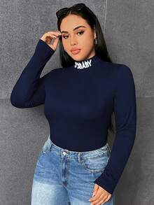 SHEIN EZwear Plus Size Women's Letter Print Stand Collar Long Sleeve T-Shirt - Navy Blue - View 4