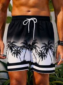 Surfspeed Men's Gradient Color Beach Shorts With Coconut Tree Prints, Graphic Pool Shorts For Beach, Vacation,Hawaiian - Black and White - View 4